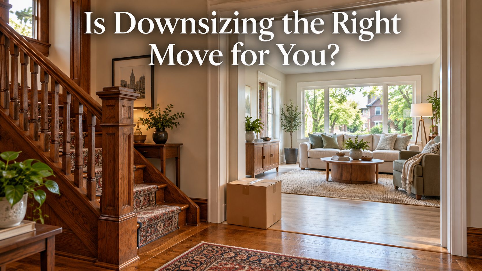Home entryway with a staircase, moving boxes, and the words “Is Downsizing the Right Move for You?”