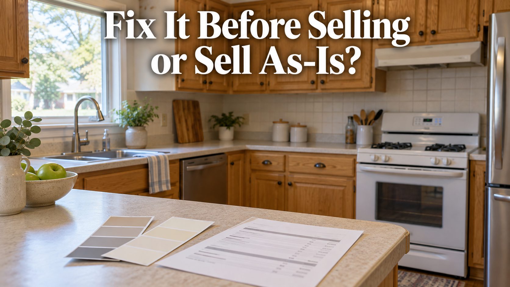 Kitchen with wood cabinets and material samples on the counter, illustrating whether to fix your home before selling.