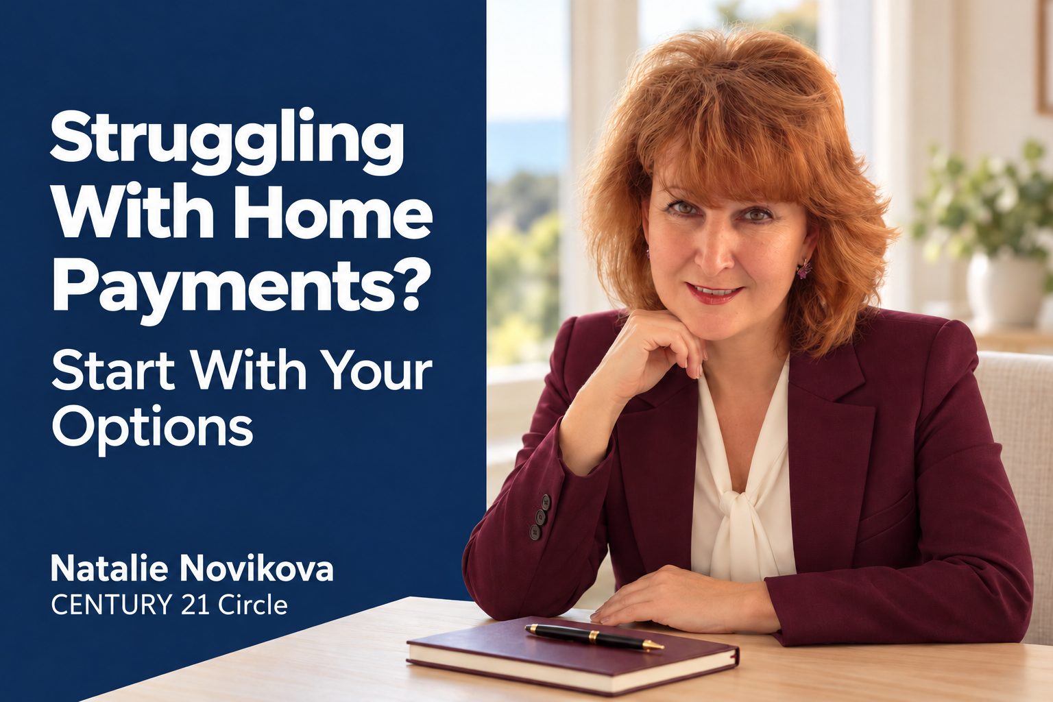 ALT text: Natalie Novikova in a burgundy business suit beside text about reviewing home selling options.