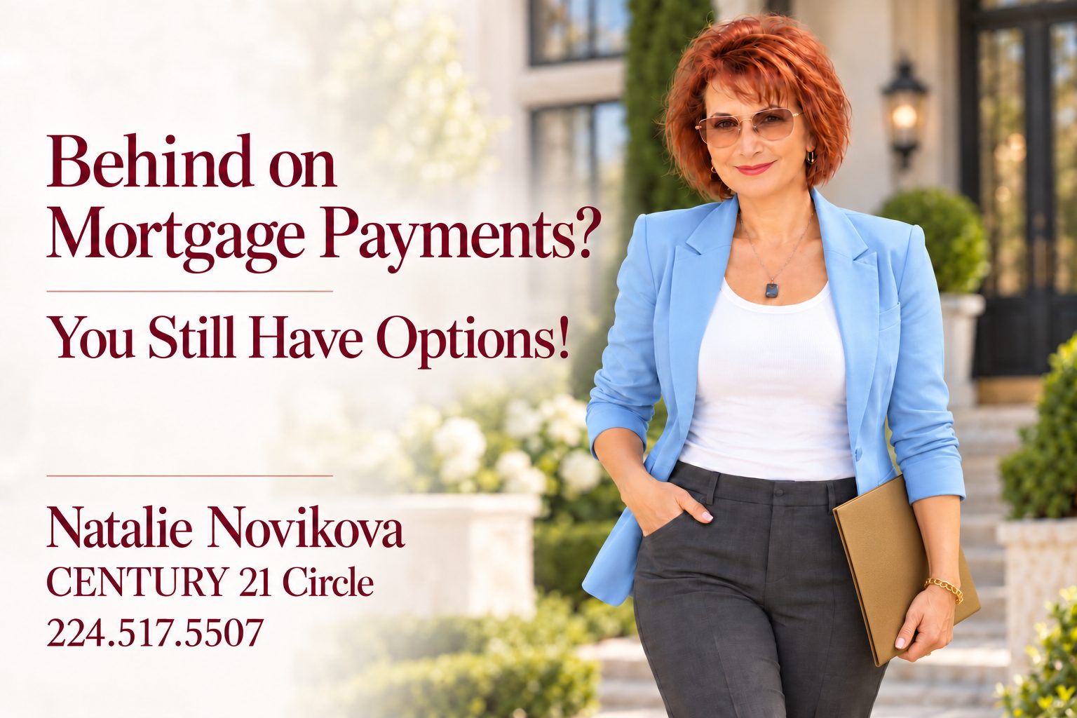 Natalie Novikova in a blue blazer beside the words “Behind on Mortgage Payments? You still have Options”