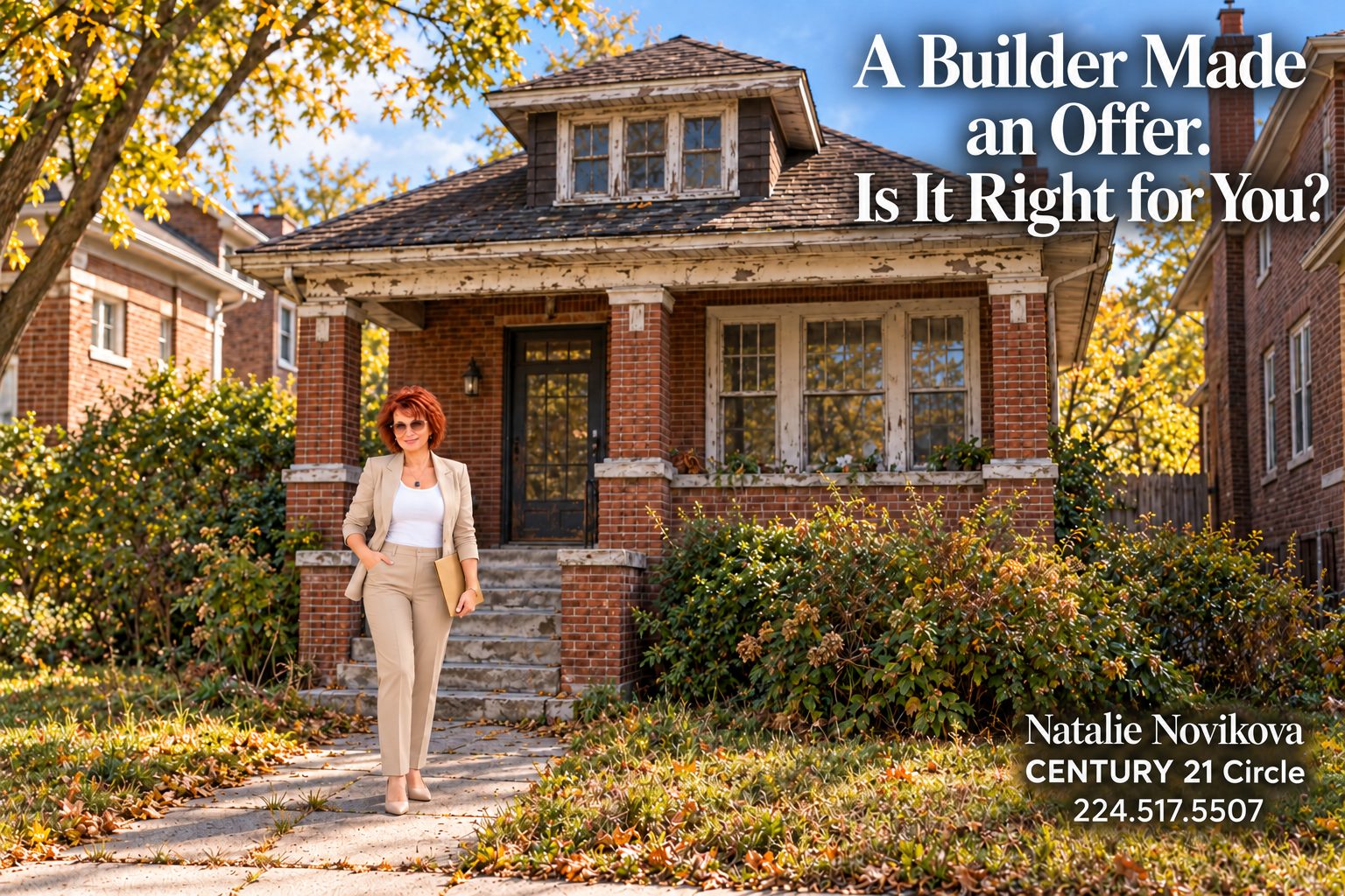 Natalie Novikova in a beige suit outside an older Chicago brick home, with the headline “A Builder Made an Offer. Is It Right for You?